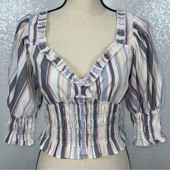 Forever 21 Multicolor Striped Smocked Puff-Sleeve Size Large - Picture 14 of 15